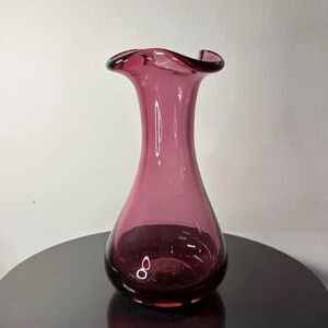 Vintage Pilgrim Cranberry Glass Bud Vase Ruffled Top Handblown Approx 7” Tall